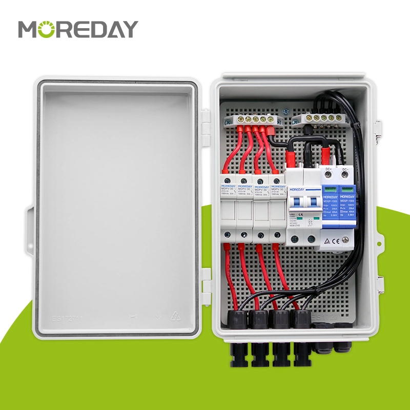 4 String PV Combiner Box & Solar Connectors, Solar Combiner Box with 15A Rated Current Fuse Lightning Arrester and 63A Circuit Breakers for Solar Panel System,