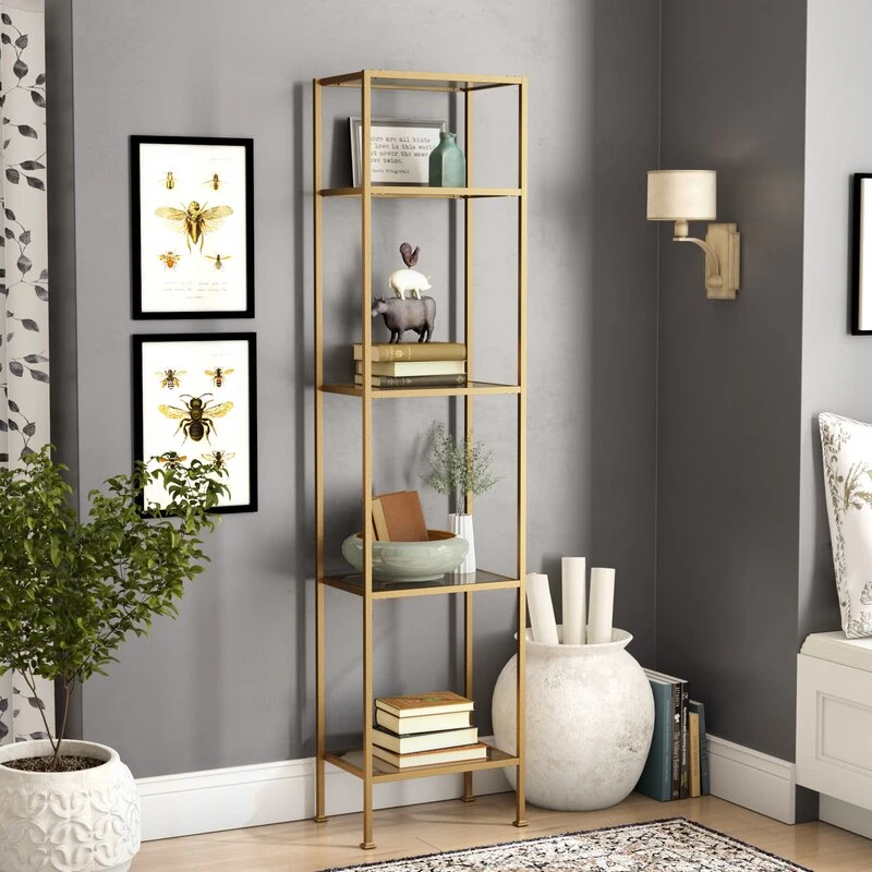 Home Furniture Antique Buchanan Etagere Modern Glass Ladder Bookcase Shelf with Golden Metal Shelf for Living Room