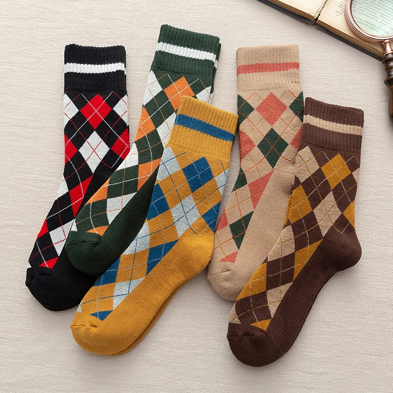 Men's Diamond Lattice Terry Socks, Men's Tube Socks and Velvet Thick Stockings