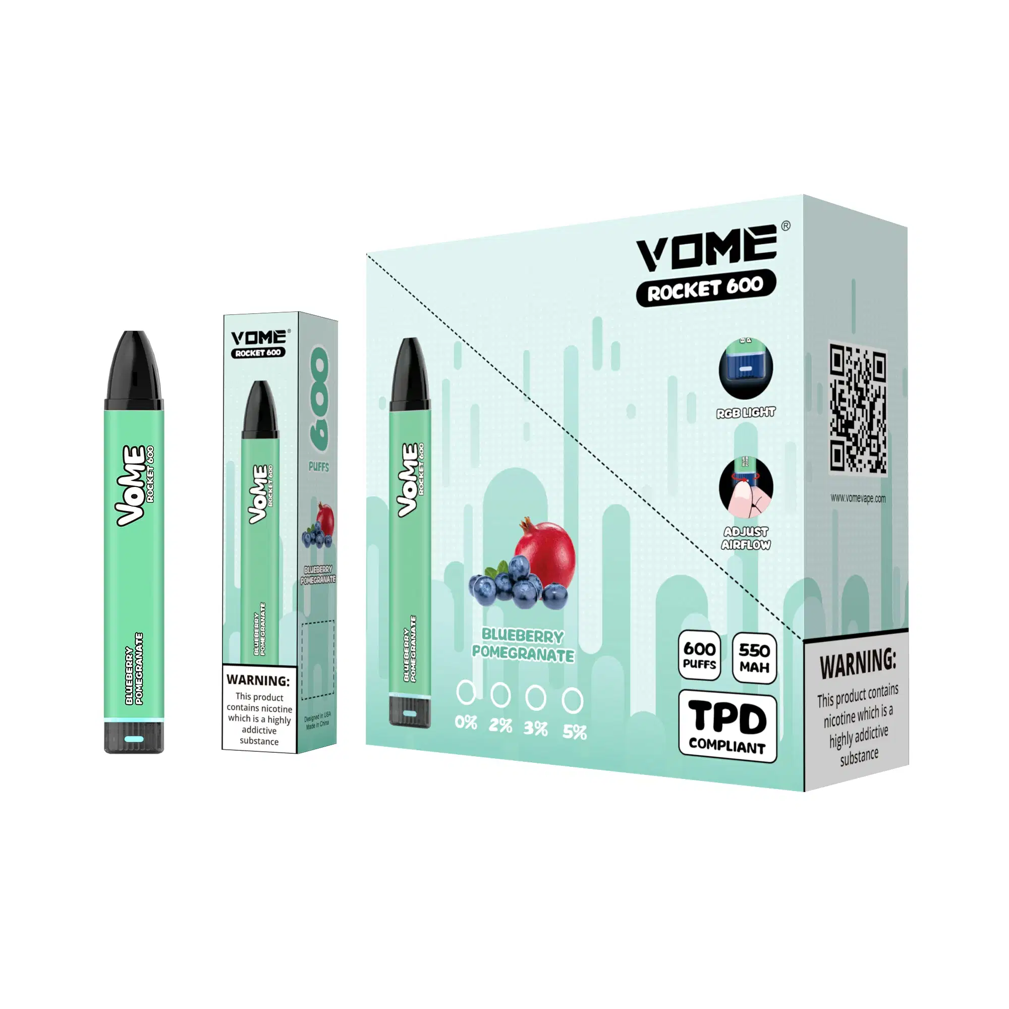 Vome Rocket 600 أطواق التحكم في تدفق الهواء جهاز Vape Pod الذي لا يمكن التخلص منه Tpd