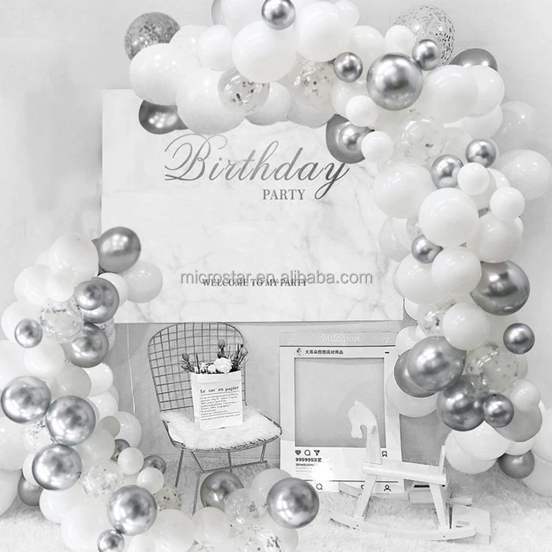 Wholesale/Supplier Chrome blanco plateado Globo Garland Plata Kit de confeti globos con el Globo de cinta para la boda la decoración del Partido Eventos Prom.