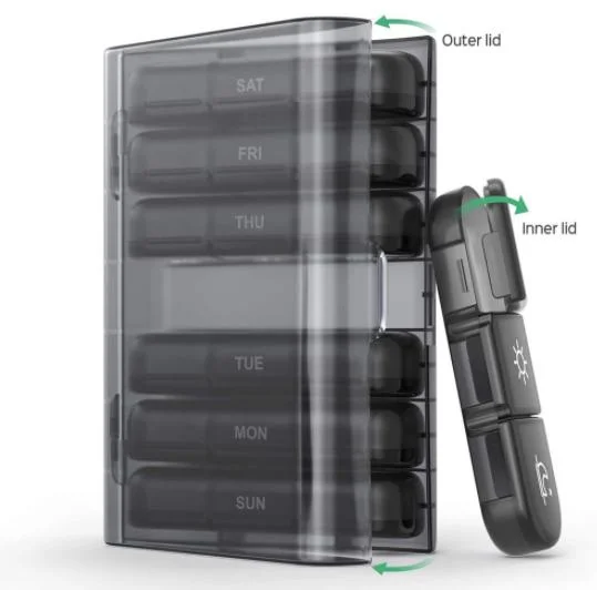 Pastilla de plástico transparente Estuche contenedor Organizador 21 compartimentos Color Arco Iris de Medicina de la píldora de verificación