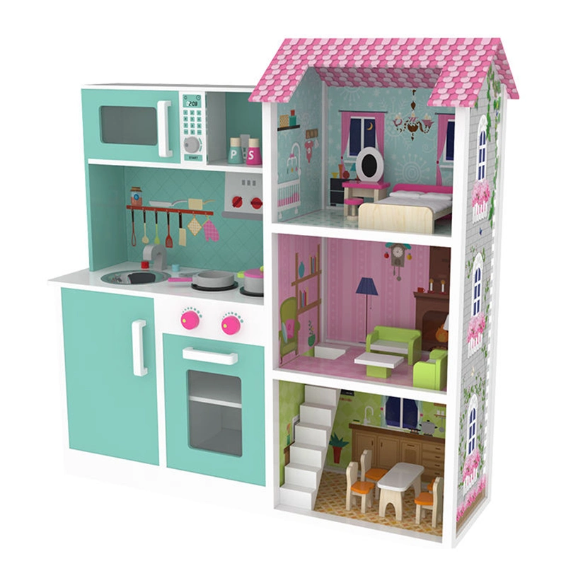 New Design Play Toys Wooden Play 2-in-1 Kitchen Baby Doll House for Kids with Furnitures