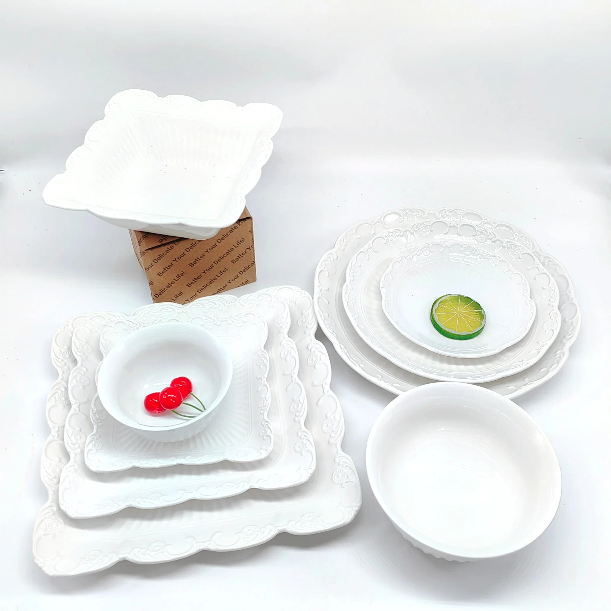 Best Quantity New Bone China Embossed Dinnerware Set with Round and Square Shape
