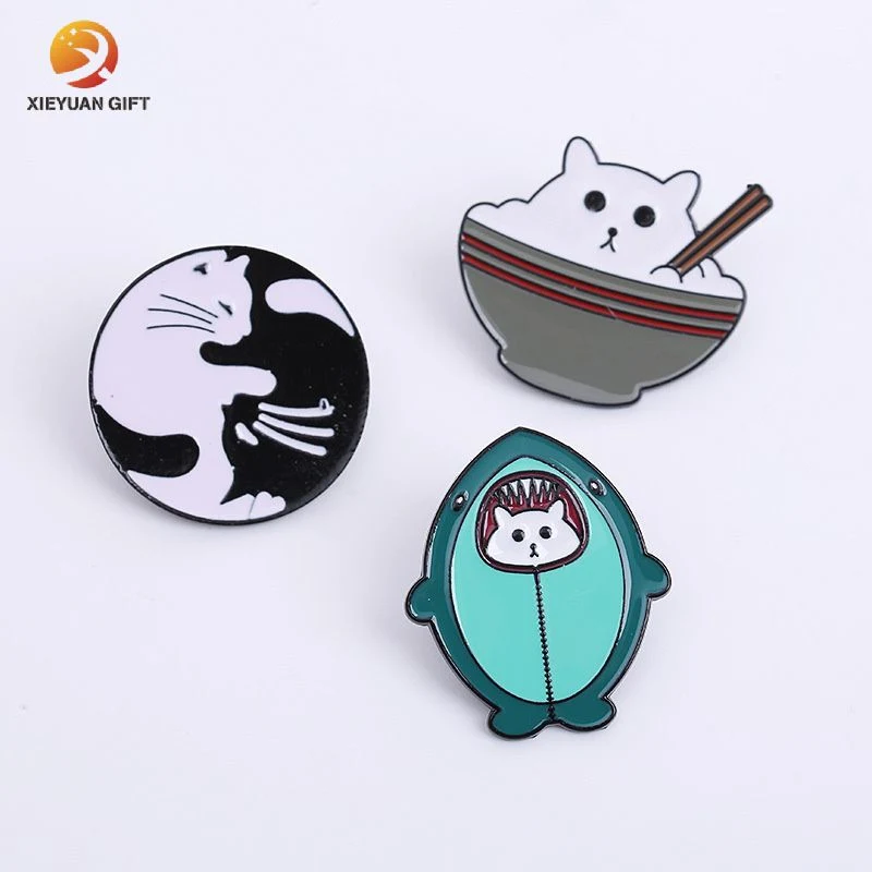 Wholesale Custom Logo Cartoon Animals Cute Little Bowl Space Round Yin and Yang Cat Accessories Gifts Alloy Metal Hard Soft Brooch Enamel Badge Lapel Pin