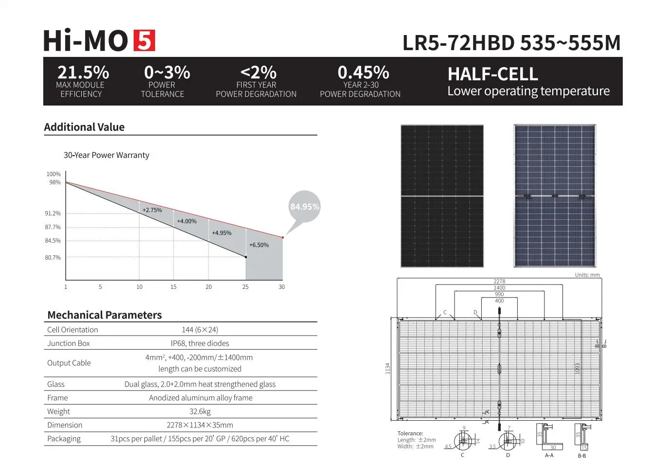 Longi A Grade Solar Module 530W 535W 540W 545W 550W Bifacial Mono Solar Panels