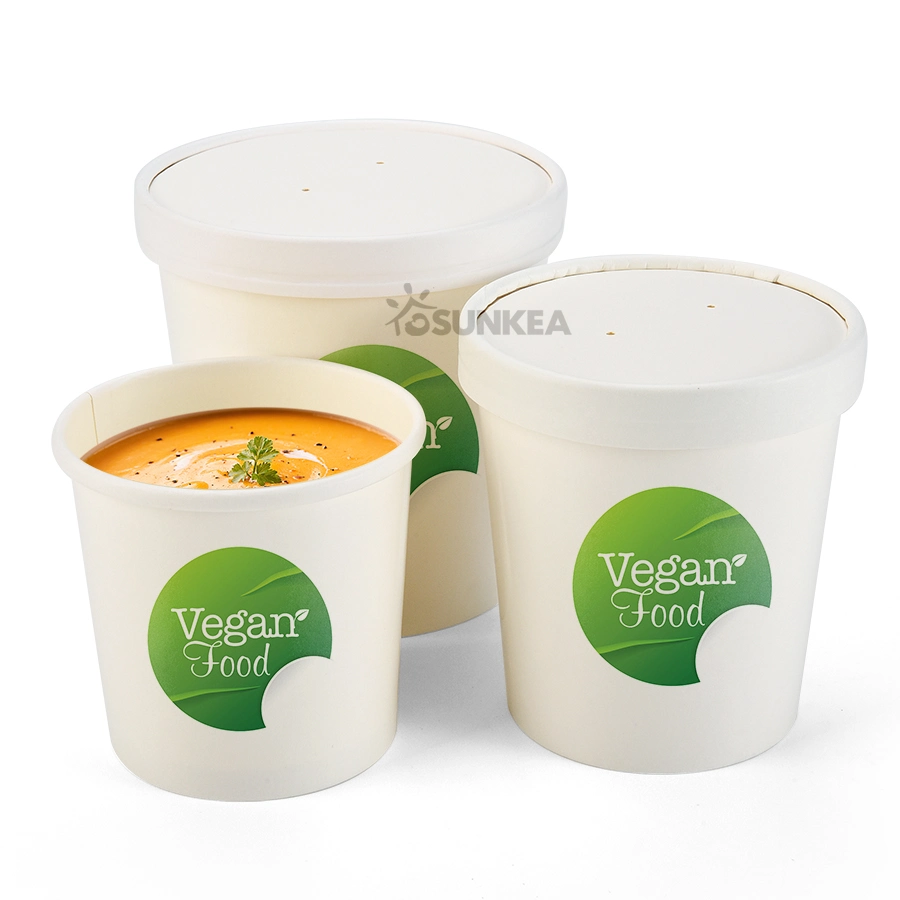 Custom Printed Biodegradable Paper Disposable Food Grade White Soup Tub with Lid