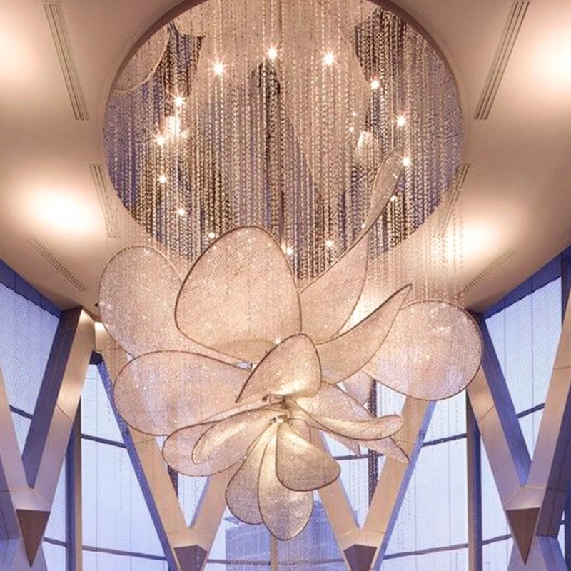 Flower Shape Decorative Glass Stainless Crystal Chandelier Custom LED Large Pendant Lamp