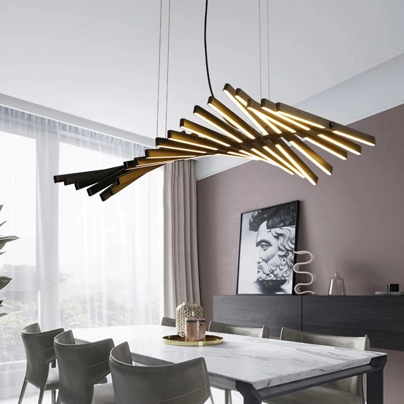 Einfaches Wohnzimmer LED Pendelleuchte modernes Restaurant Kronleuchter Beleuchtung Lineare Fish Knochen Form Office Strip Lampe