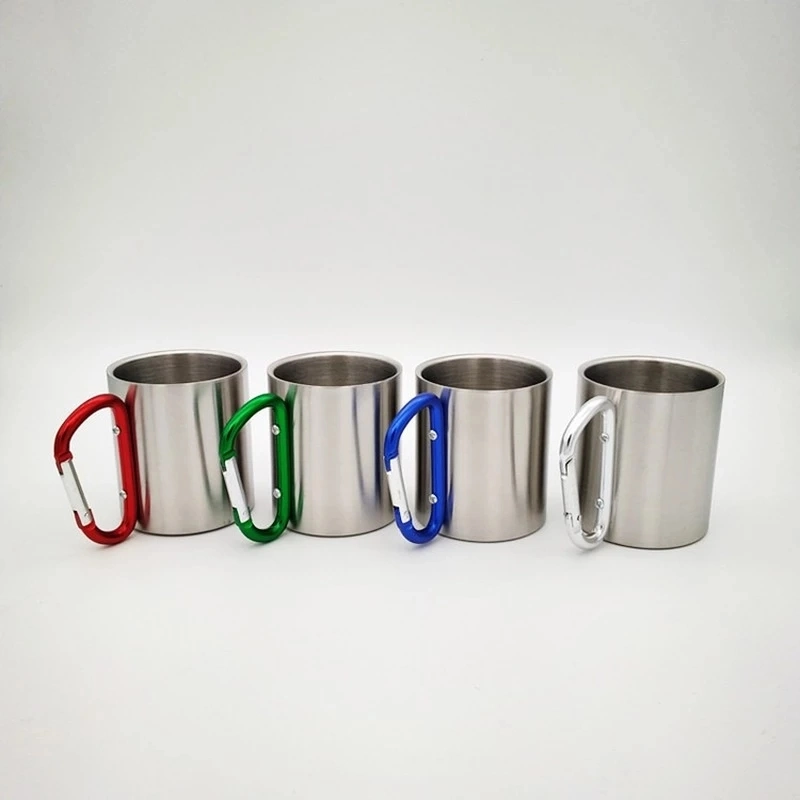 Custom Logo Camping Copa de acero inoxidable Carabiner gancho mango Picnic Taza portátil de té taza de café para excursiones al aire libre Drinkware