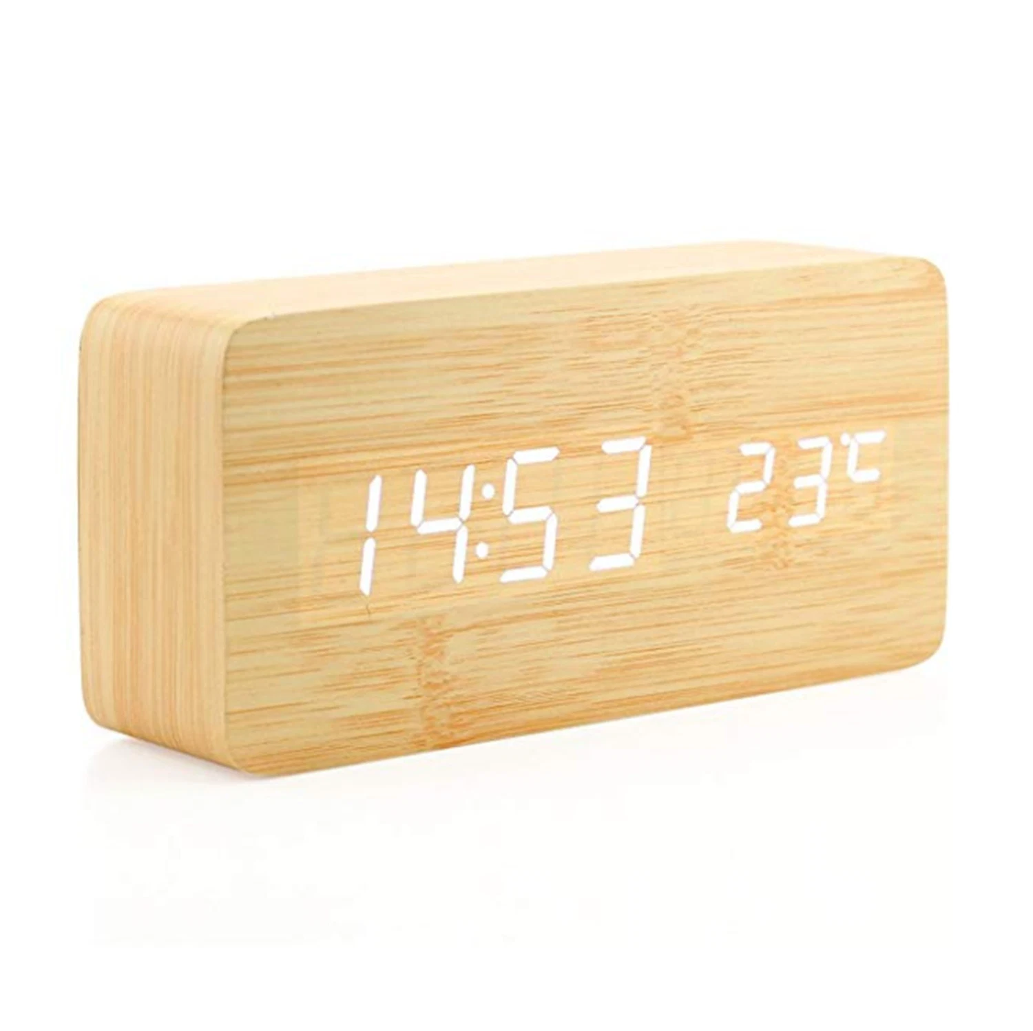 Factory Price USB Bamboo Digital Number Display Temperature Alarm Clock Bamboo Clock