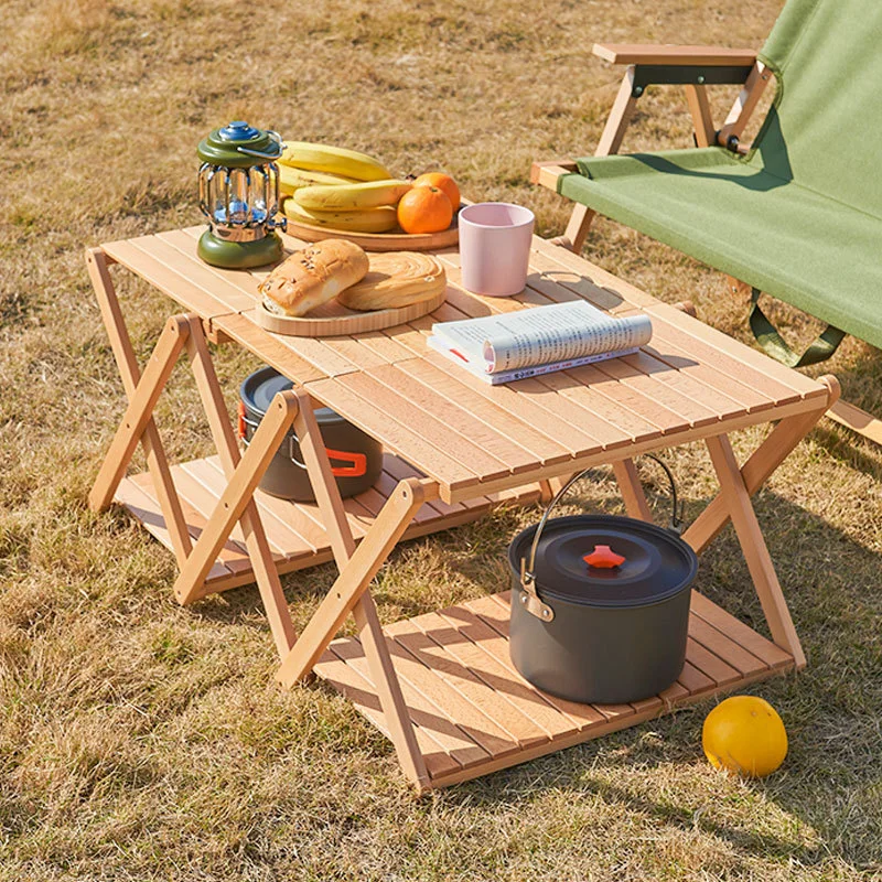 Rack de rangement de table de camping ultra-léger pliable en bois massif et multifonction d'extérieur