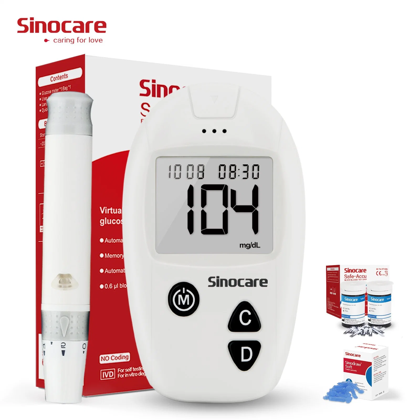 Sinocare Glucose Meter Blood Glucose Monitoring Portable Blood Glucose Meter Small Glucometer with Diabetic Test Strips