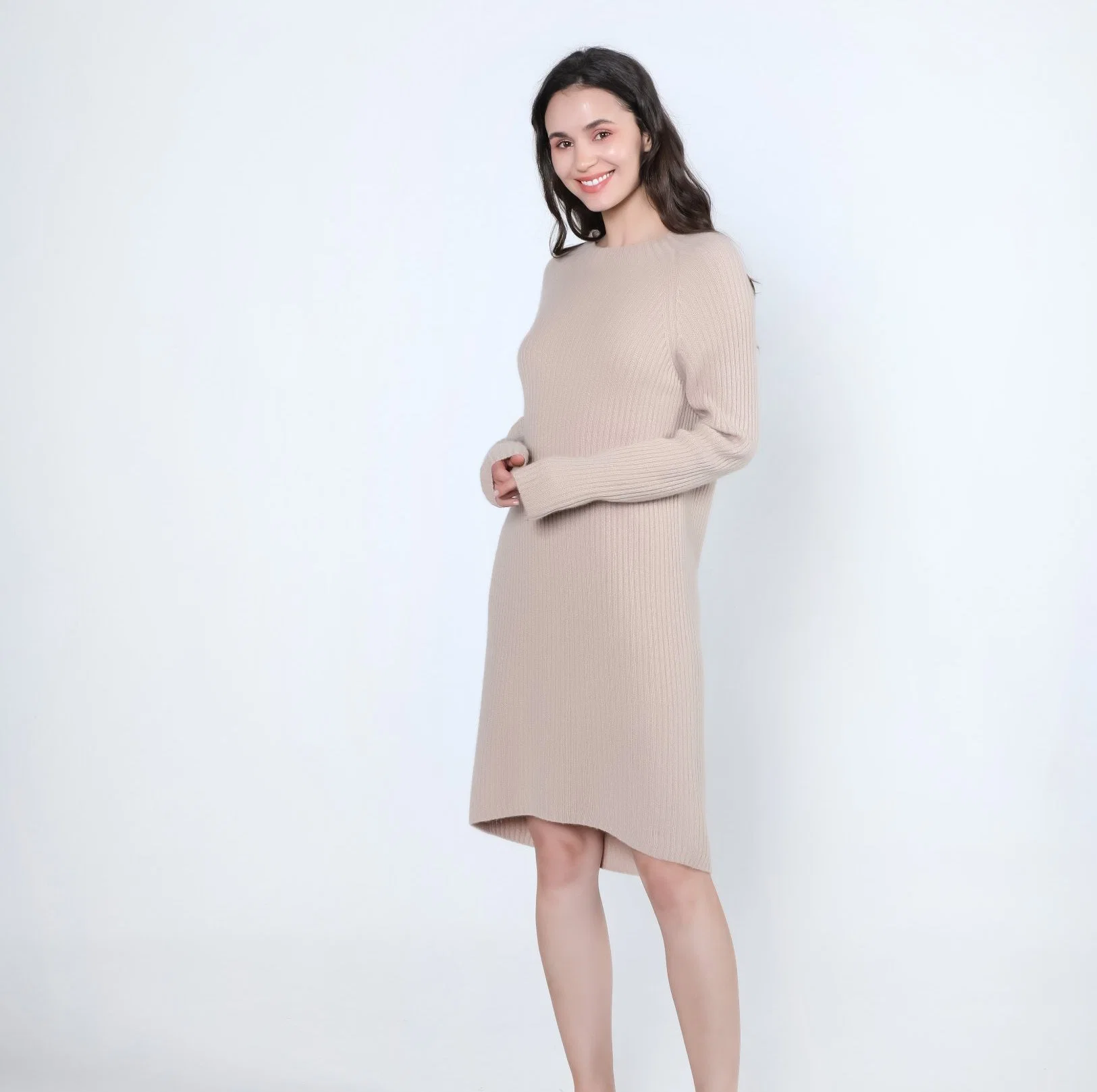 Lana merina extrafina y cashmere mezcla vestido largo de invierno acanalado Suéter para mujer