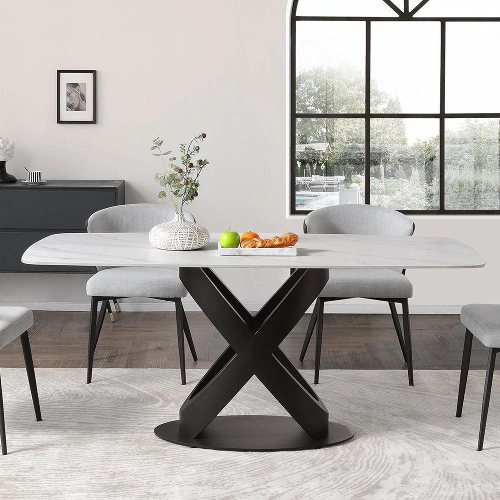 Povison Modern White Dining Table Sintered Stone Tabletop Kitchen Table Solid Black Carbon Steel Base 71"