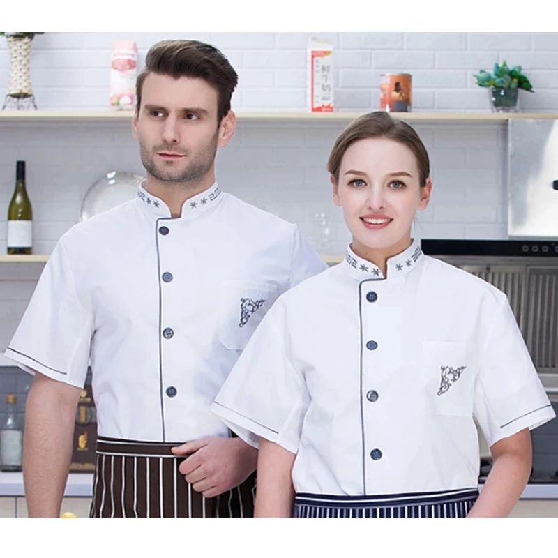 Chaqueta de Chef Botón Hombres Mujeres cocinero camisetas de manga corta