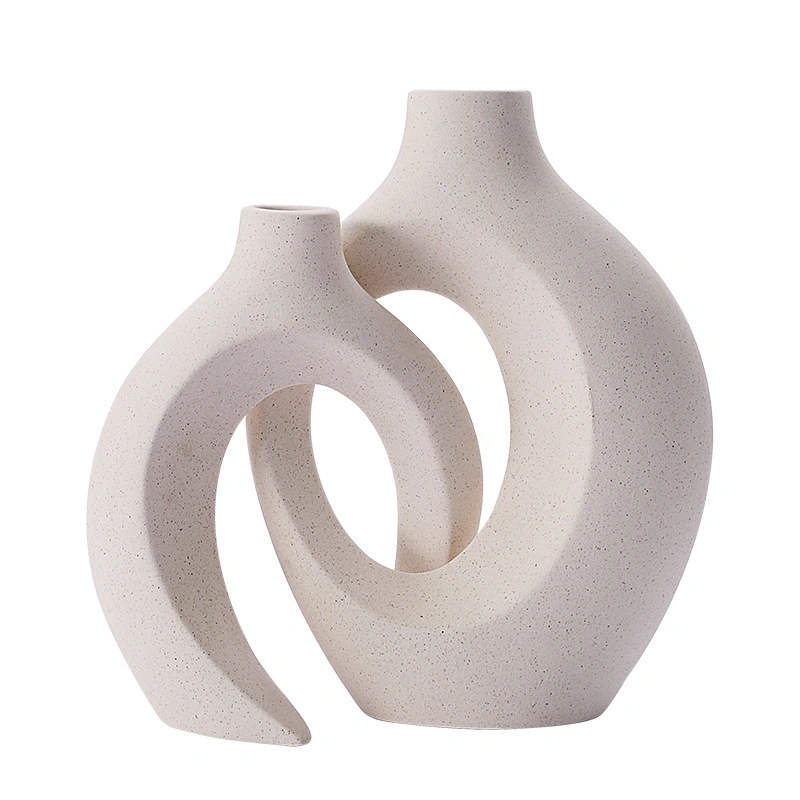 Conjunto de 2 vasos cerâmicos ocos para decoração moderna em casa, vaso decorativo decorativo minimalista nórdico branco Boho Donut vasos para mesa peça central Wedding Dining Living Room