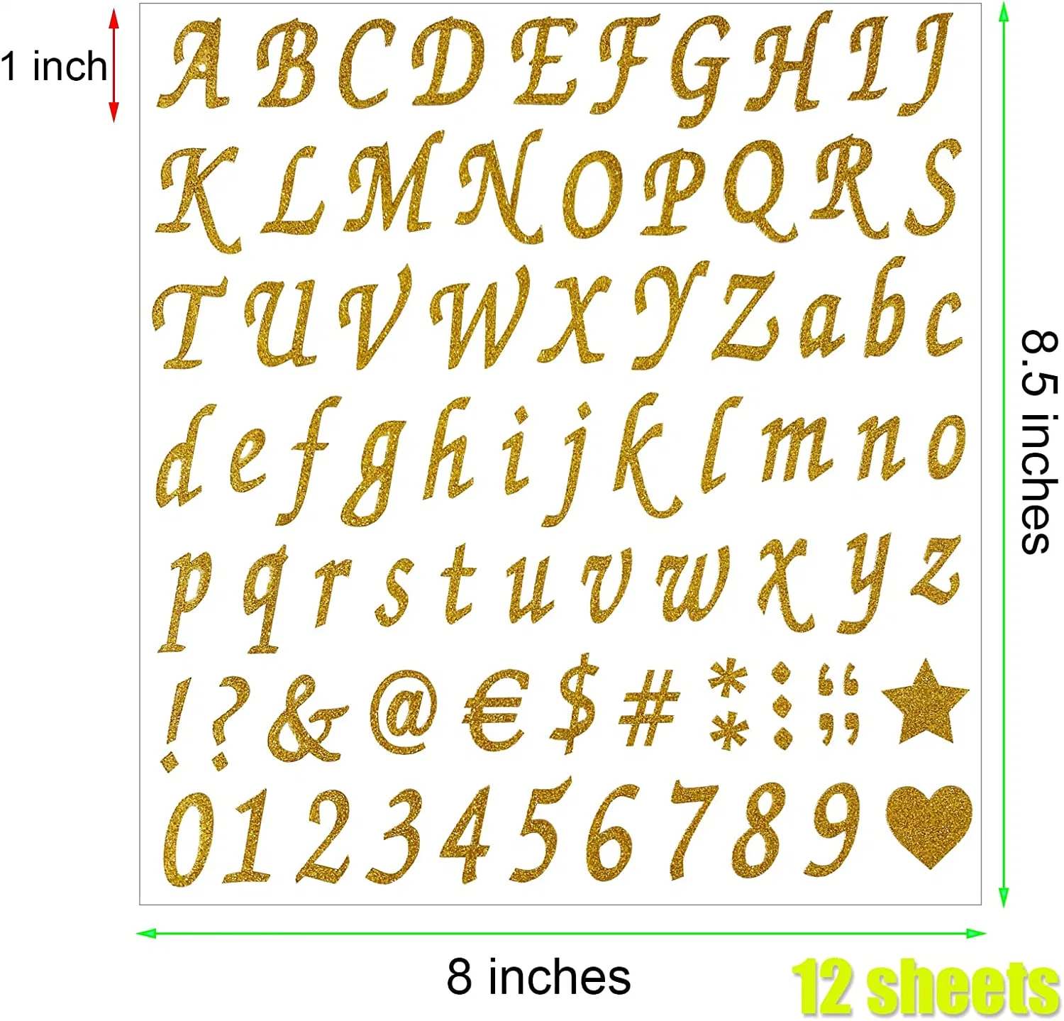 12 Sheets Glitter Gold Self Adhesive Alphabet Number Stickers for Mailbox DIY Crafts Art Making, Address Number, Scrapbook, Graduation Cap, Classroom Decoration