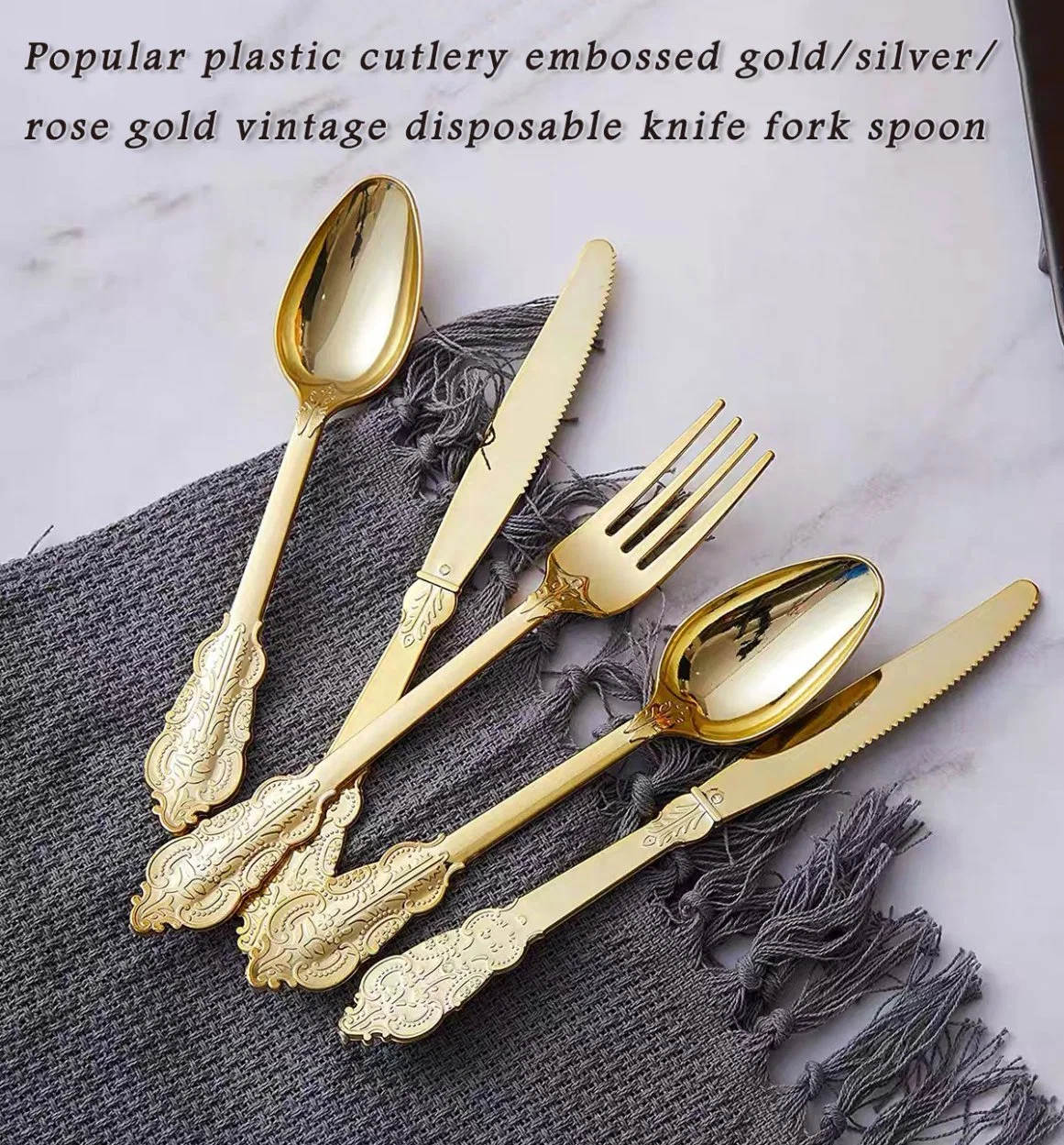 Gold Plastic Silverware Carved Cutlery Set Embossed Silver Vintage Design Disposable Rose Gold Elegant Cutlery