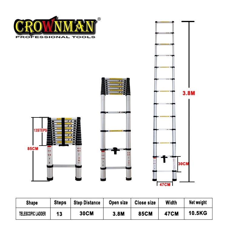 Crownman Decoration Tools, 3.8m 13 Steps Aluminium Alloy Multipurpose Telescopic Foldable Ladder with Joint with CE