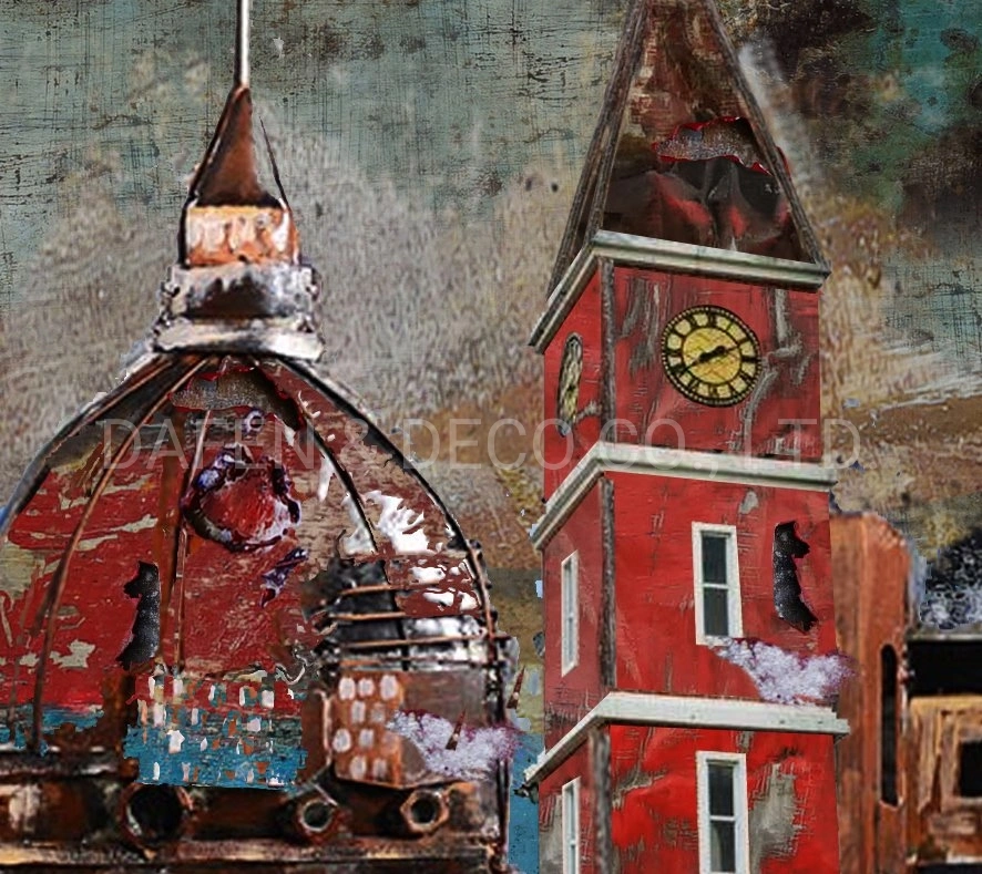 Metal Decoration Oil Painting Wall Art Castle Clock Buildings Iron 3D Dimension