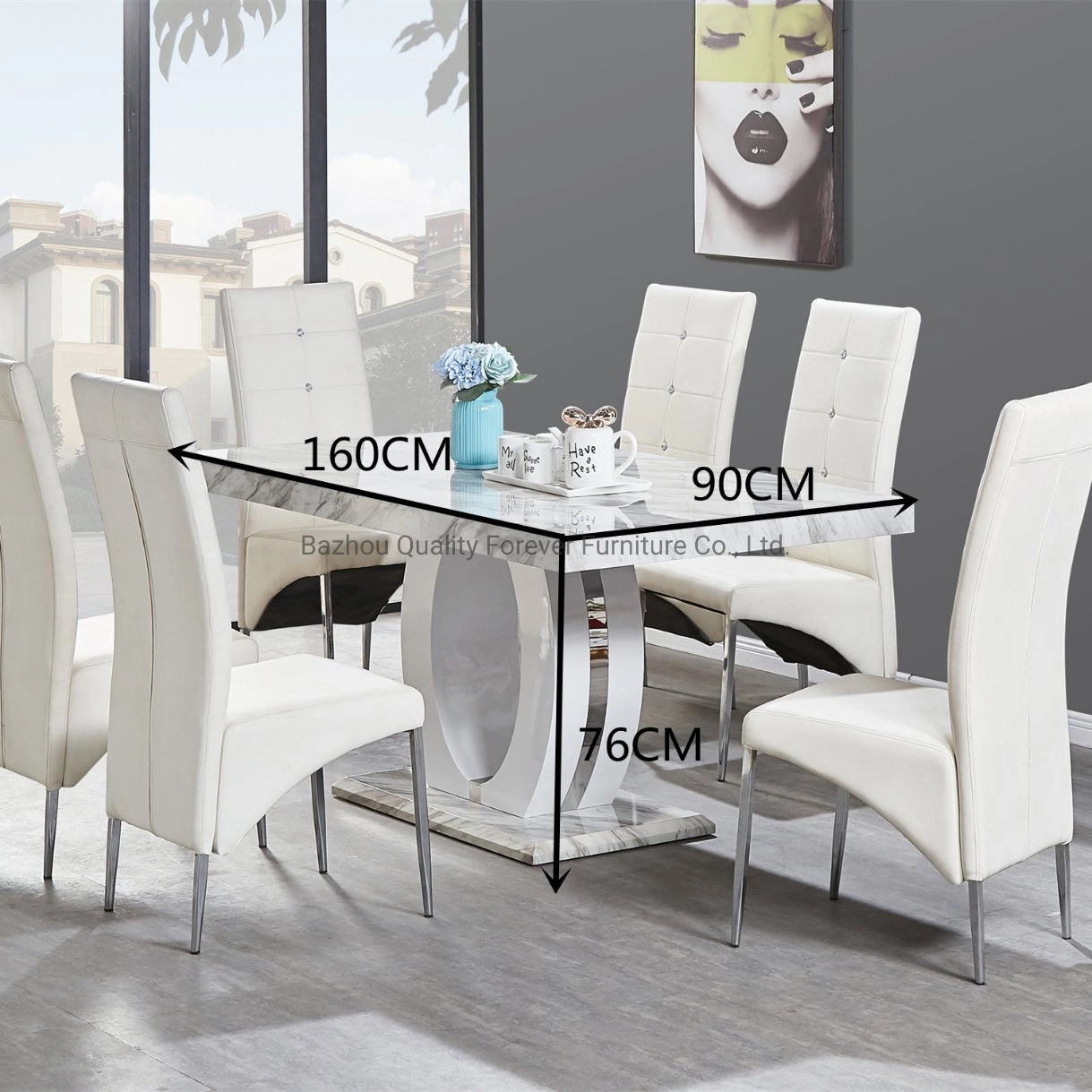 Amostra de estilo europeu barato 6 cadeiras Conjunto de mesa de jantar em mármore branco clássico moderno 8 lugares à mesa de MDF de luxo Personalização básica