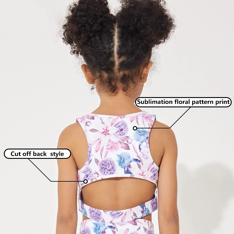 Ingorsports Sublimation Floral Pattern Print Soft Bottom Elastic Band Scoop Neck & Cut off Back Style Kids/ Children Swimwear Sports Wear