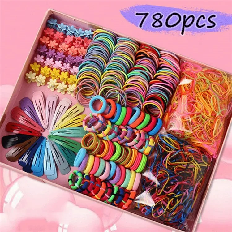 Ensemble de 780 pinces à cheveux PCS pour filles, queue de cheval colorée Supports bandes en caoutchouc pour enfants très petits articles pour cheveux pour filles cadeaux