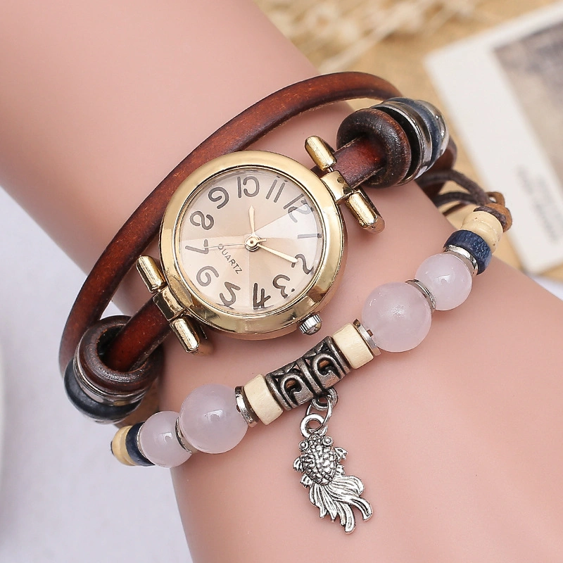 Leather Retro Beads Watch with Fish Pendant Bracelet Watch Jewelry Fashion Bracelet Analog Quartz Watches Christmas Gifts Esg13637