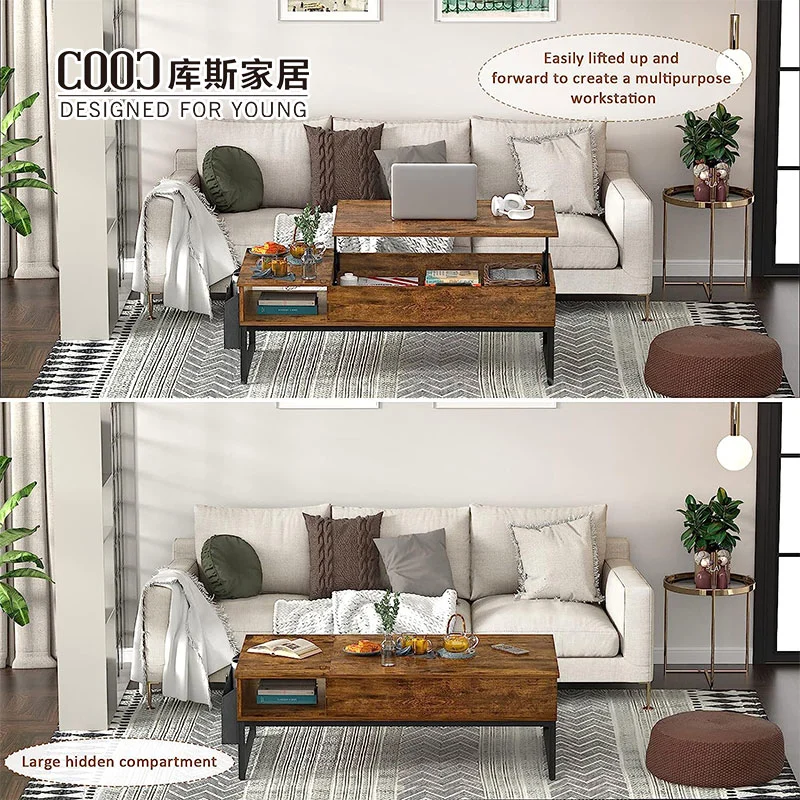 Customized Wooden Height Lifting Top Adjustable Tea Coffee Table with Storage for Living Room Furniture