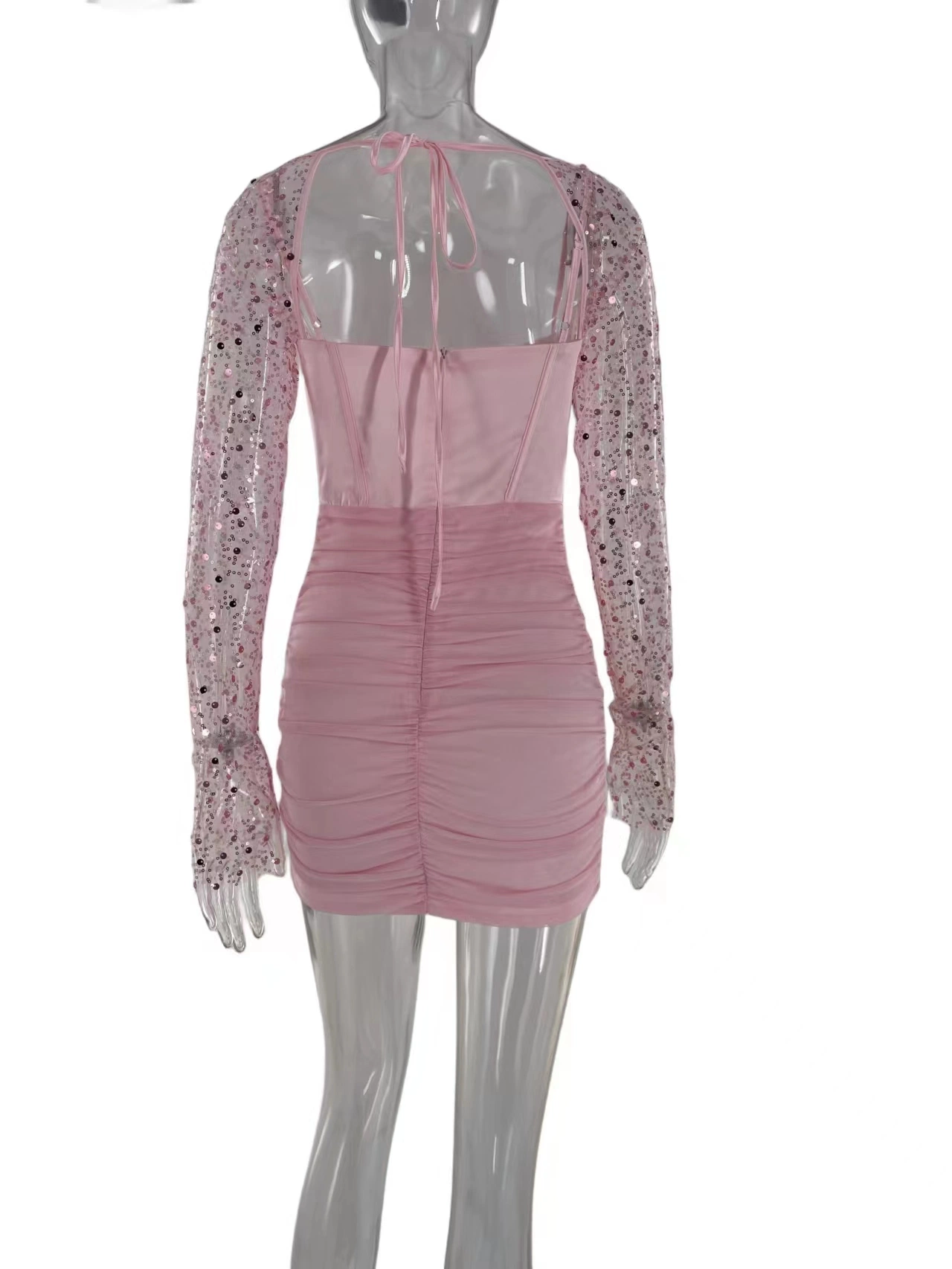 Pink Long Sleeve Sequin Dress Flash Party Sexy Strap Pleated Ladies Dress