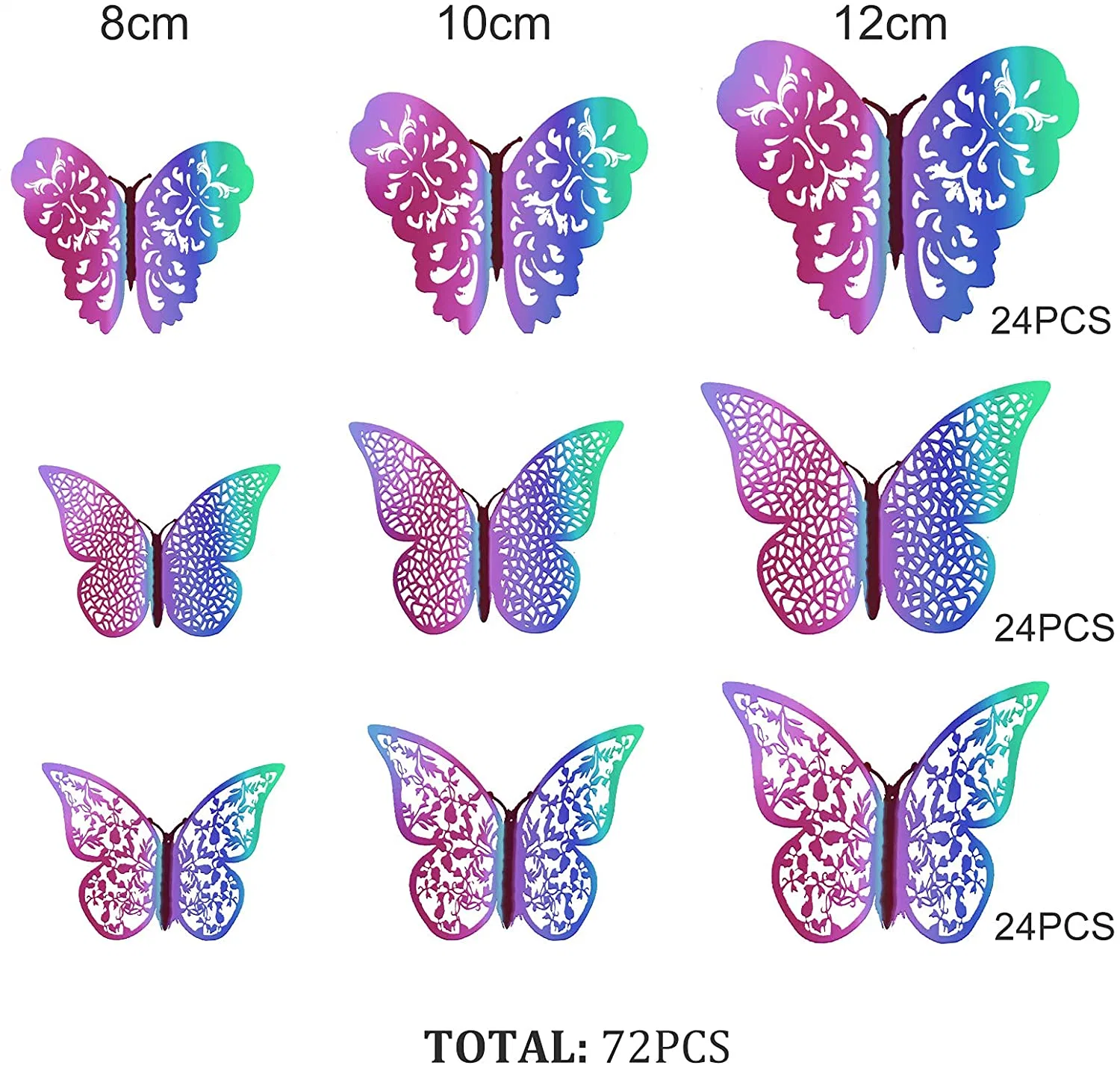 72 Pieces 3D Butterfly Wall Art Sticker Set 3 Sizes for Room Home Nursery Classroom Offices Kids Bedroom Bathroom Living Room Decoration (Holographic Purple)