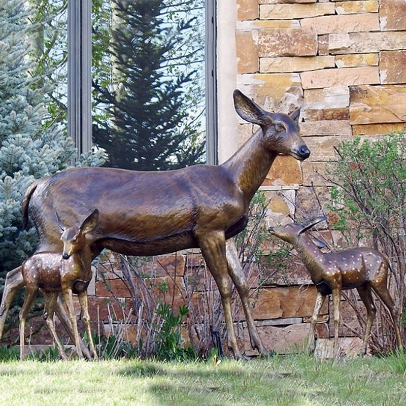 Bronze Playing Woodland-Themed Big Deer Sculpture and Baby on The Lawn