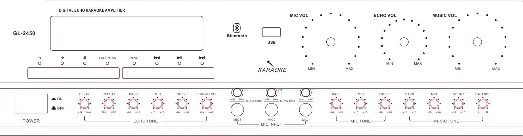 Gl-2450 DVD Bgm Audio Input Karaoke Amplifier 350W 8 Ohms with Key Control Remote Controle