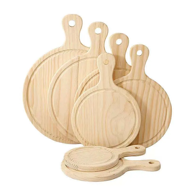 Pine Round Pizza Tray Wooden Baking Handle Pizza Plate