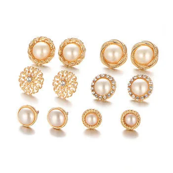 Gold Plated Flower Hollow Stud Earring Vintage Crystal Pearl Earrings Set