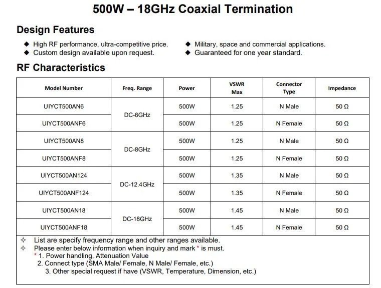 DC-6GHz UIY High Frenquency Coaxial Termination Dummy Load 500W N 7/16 Connector