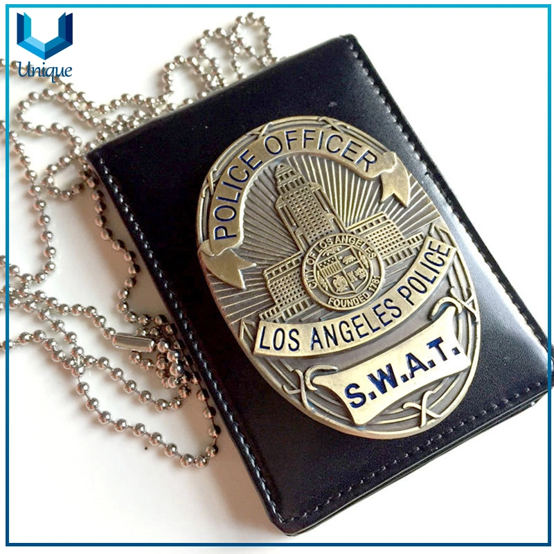 Custom Metal Police Officer ID Badge with Genunine Cow Leather Holder/Wallet W/ 3mm Diameter Heavy Duty Ballchain