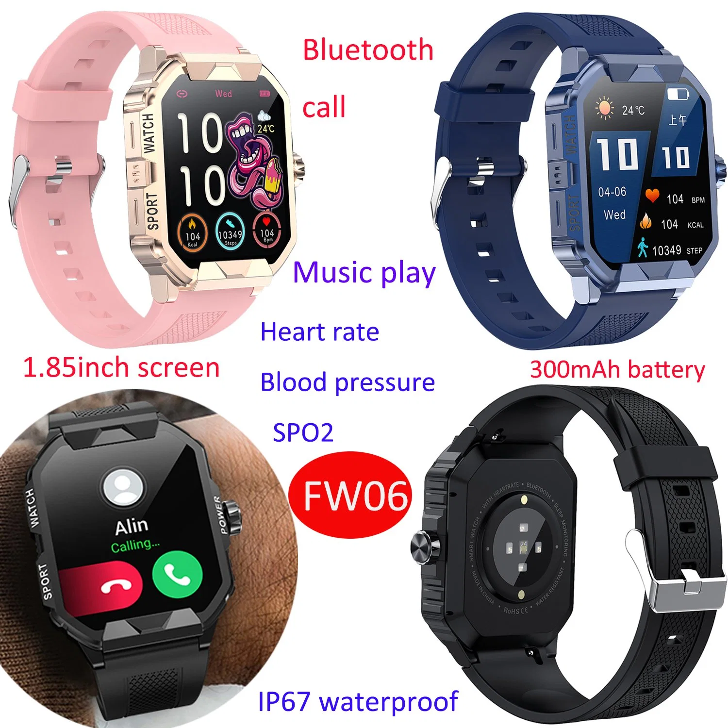 Amazon Outdoor Bt llamando a Deporte Smart Watch presión arterial Realtek IP67 Pulseras Bluetooth ® impermeables Smartwatch para Android ios FW06