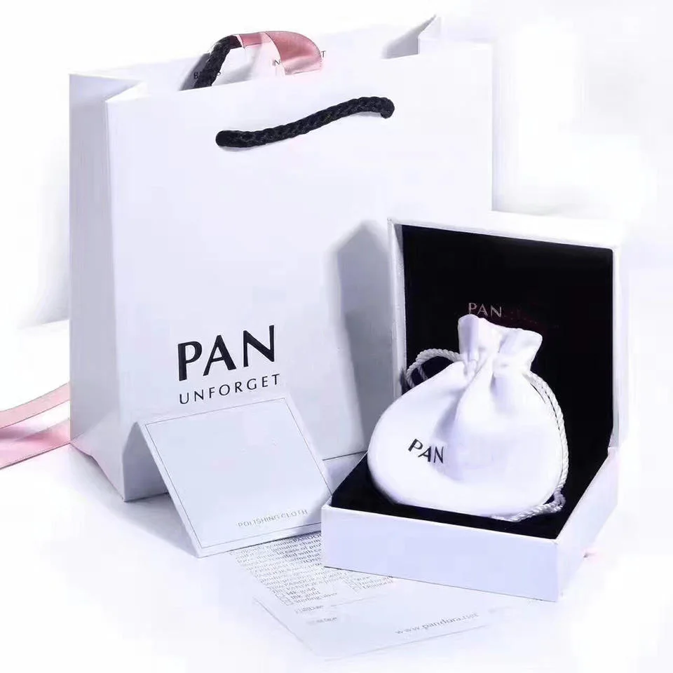 White Packing Box Five Piece Suit for Pandoraers Jewelry Box with Hand-Held Paper Bag, Velvet Cloth Bag, Silver Cloth