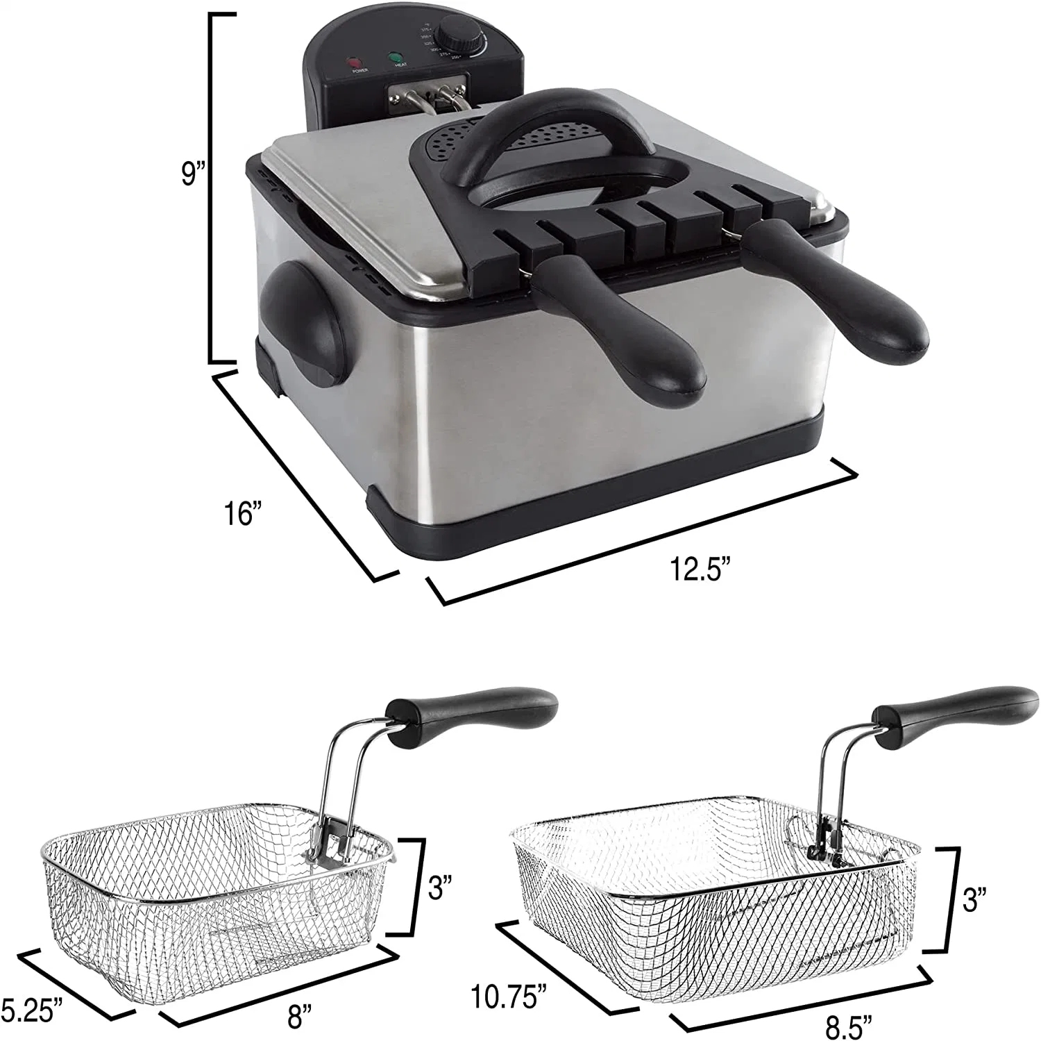 Fritadeira eléctrica profunda - 3 cestos de fry, 1 grande e 2 pequena para utilização dupla - em casa, panela de aço inoxidável quente da cozinha clássica (4 litros)