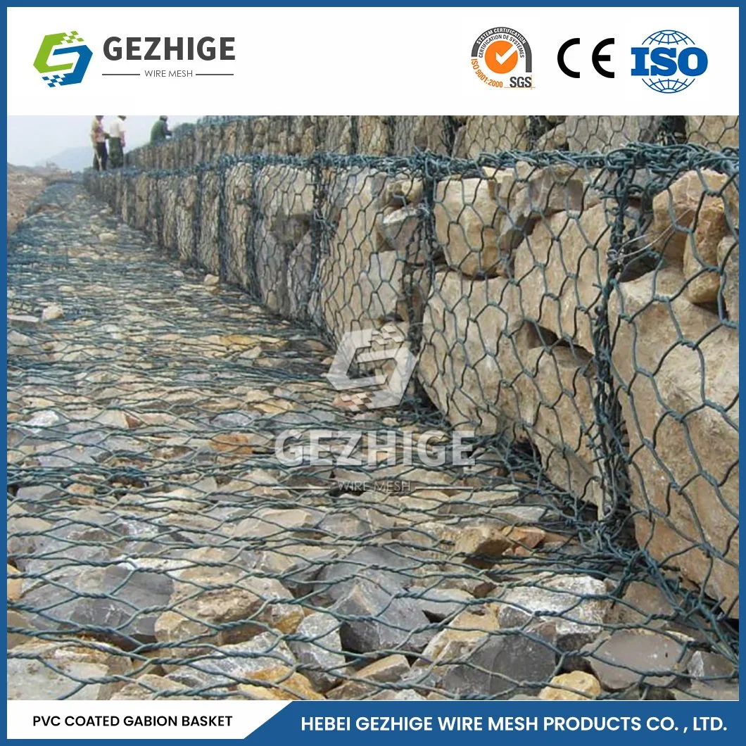 Gezhige 60x80 mm rond Gabions fournisseurs ralingue 3.0-4.0mm Épaisseur du fil vert de gabions en PVC de la Chine 2.0*0,5*0,5 M de maillage de gabions hexagonal galvanisé