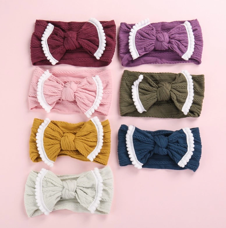 Fashion Wide Jacquard Baby Hairband Bowknot Hairy Ball Side Hairdband Cute Hair Accessories for Girls