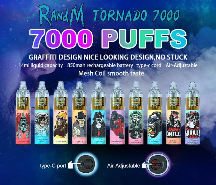 New Airflow Control Disposable Vape 20 Flavors Original Tornado 7000 Puffs Vape Randm