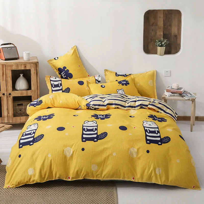 Yellow Color Susliks Print Cartoon Style Boys Girls Room Bedsheet Set with Duvet Cover and Pillowcase