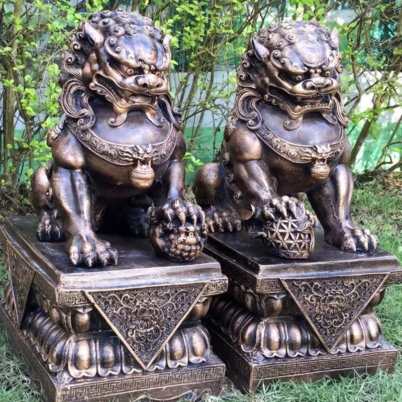 Large Wealth Porsperity Pair of Fu Foo Dogs Guardian Lion Statue Antique Bronze Chinese Lion Foo Dog Statue