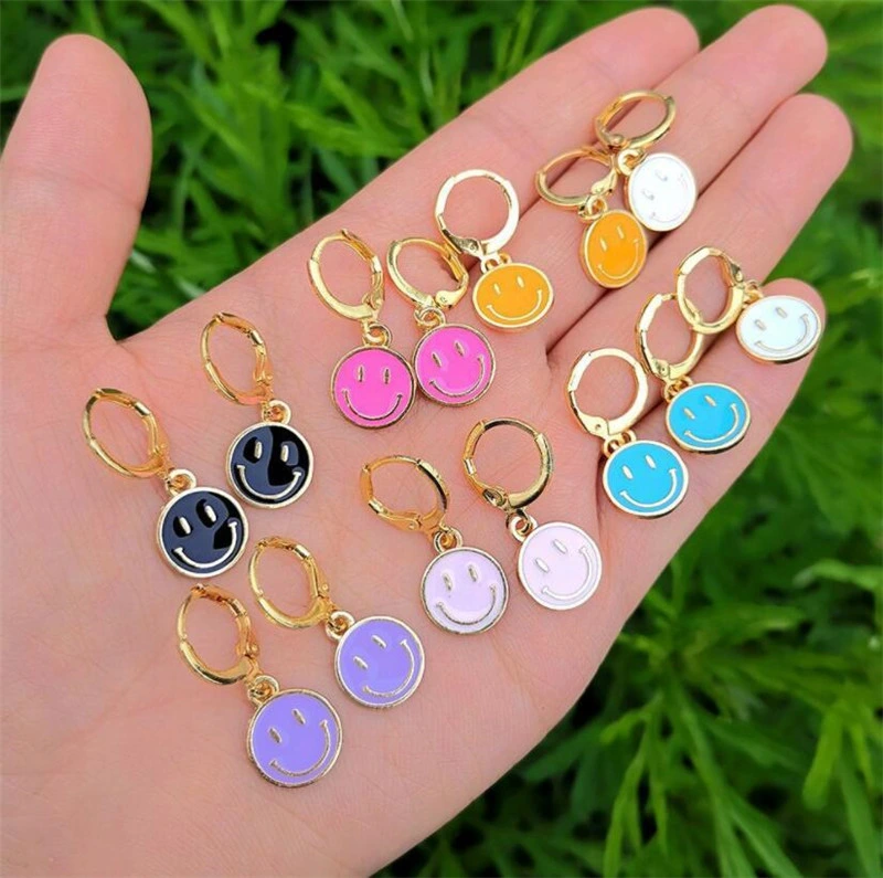 Fashion Korean Smile Face Dangle Earrings Women Girl Color Smile Cute Coin Round Earrings Party Jewelry Gift Accessories