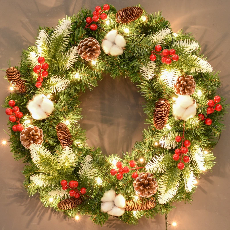 Christmas Ornaments Wreath with Light PE PVC Red Pine Cone Mixed Garlands