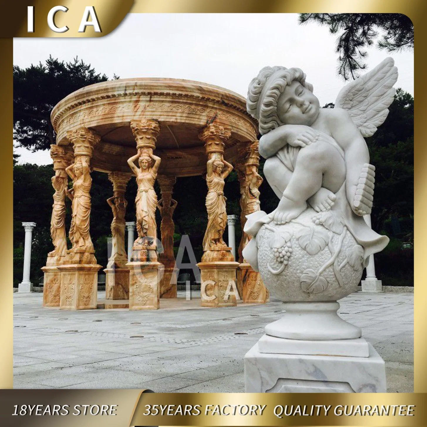 Outdoor Luxury Garden Natural Marble Gazebo with Figure Statues