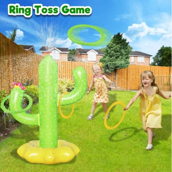 Inflatable Cactus Ring Toss Game Set Swimming Pool Game Toys Backyard Water Sprinkler for Kids Children